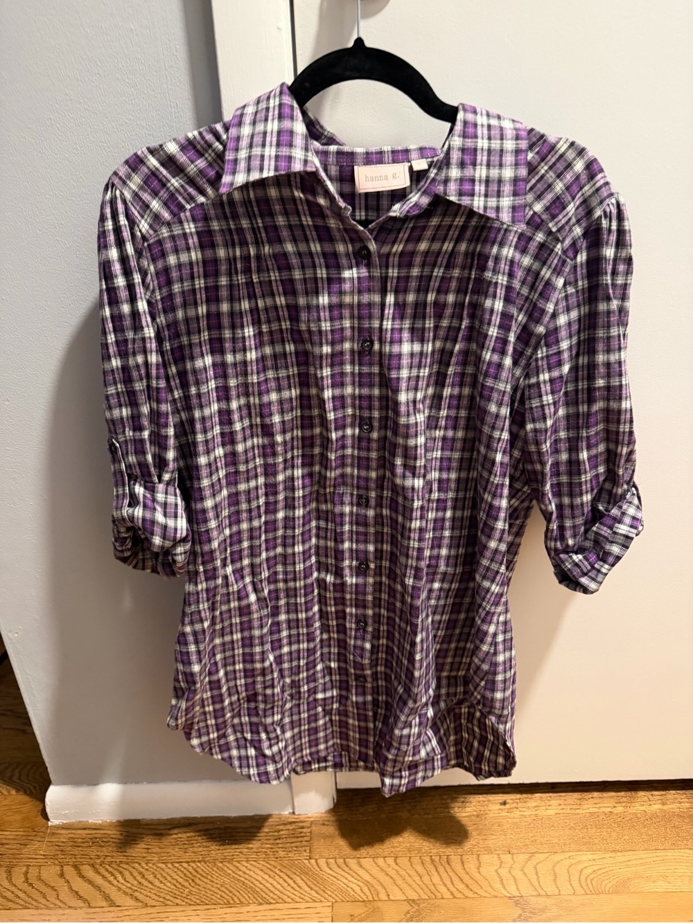 Purple Plaid Button-Up Shirt with Half Sleeves